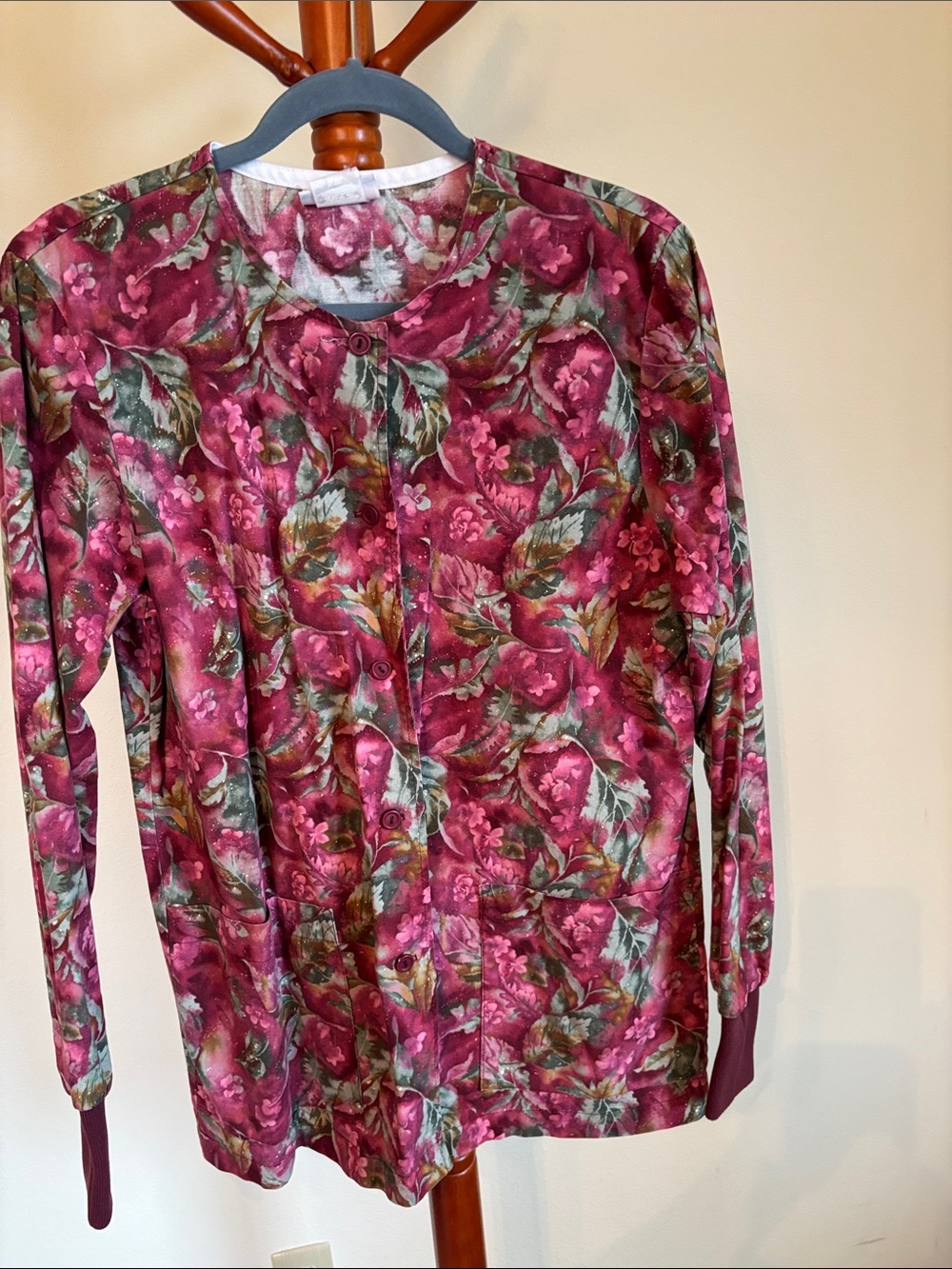 Peaches Uniforms Floral Button-Up in Berry and Green
